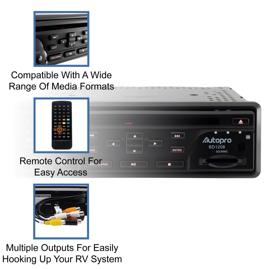 Autopro BD1208 In Dash One Din size Blu-Ray DVD Player without AM/FM radio, Black