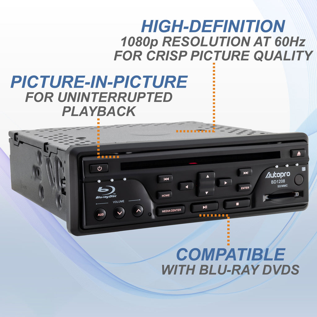 Autopro BD1208 In Dash One Din size Blu-Ray DVD Player without AM/FM radio, Black