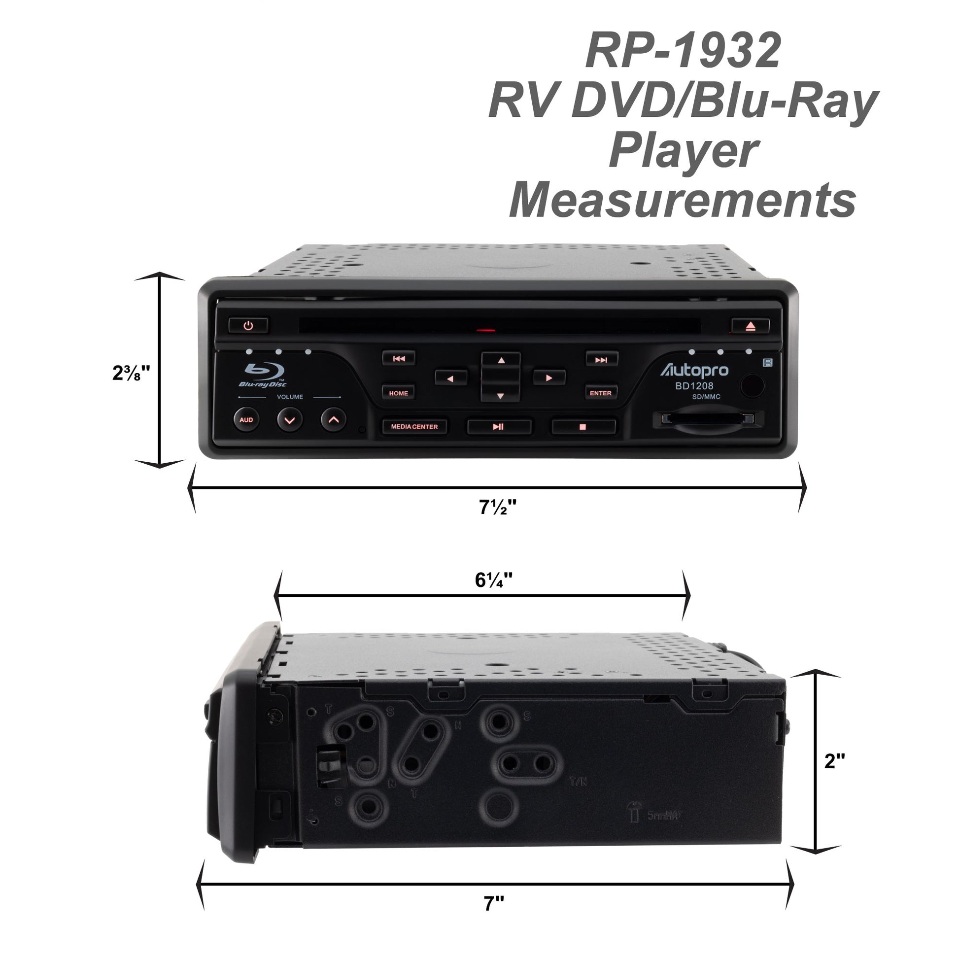 Autopro BD1208 In Dash One Din size Blu-Ray DVD Player without AM/FM radio, Black