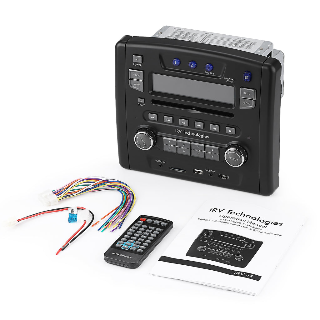 iRV34 RV Audio System, 3-Zone Wall Mount Radio DVD CD Player & 5.1 Surround Sound with Independent Zone 3