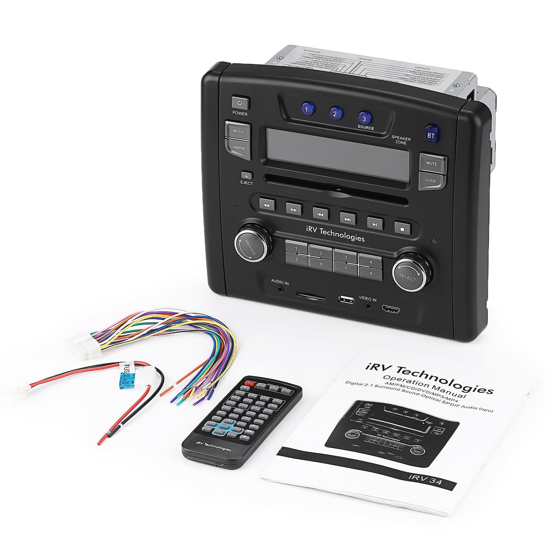 iRV34 RV Audio System, 3-Zone Wall Mount Radio DVD CD Player & 5.1 Surround Sound with Independent Zone 3