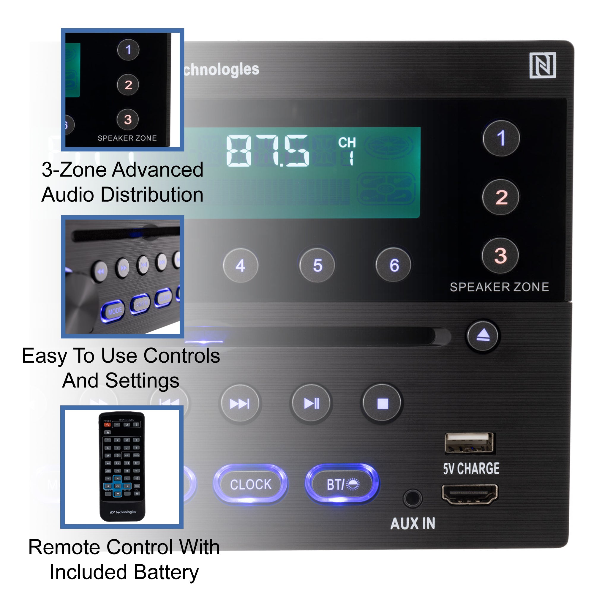 iRV32v2 3 Zones Wall Mount RV Radio Stereo w/ APP Control