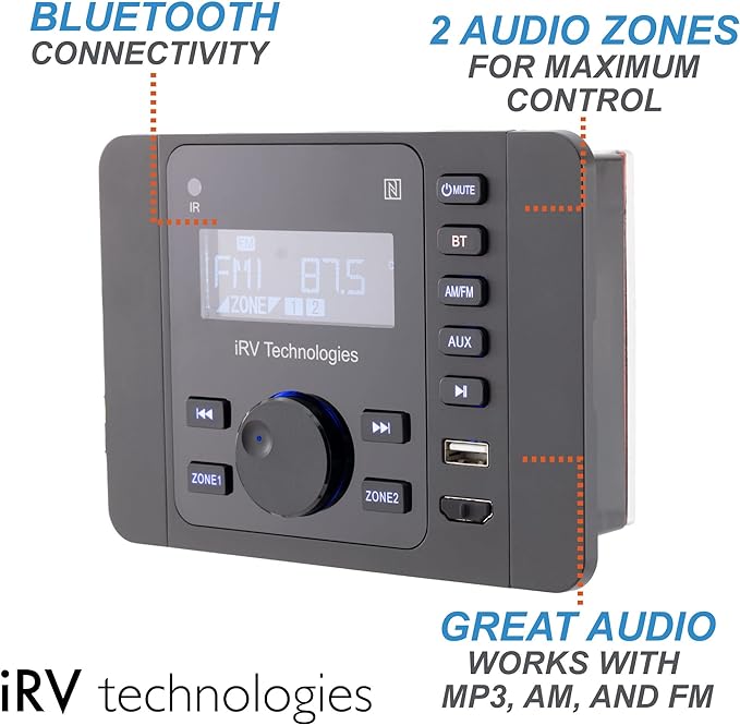 iRV36 Car Stereo with Bluetooth, Wireless RV Radio, 2 Zones Wall Mount Car Audio Receiver