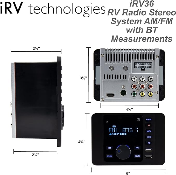 iRV36 Car Stereo with Bluetooth, Wireless RV Radio, 2 Zones Wall Mount Car Audio Receiver